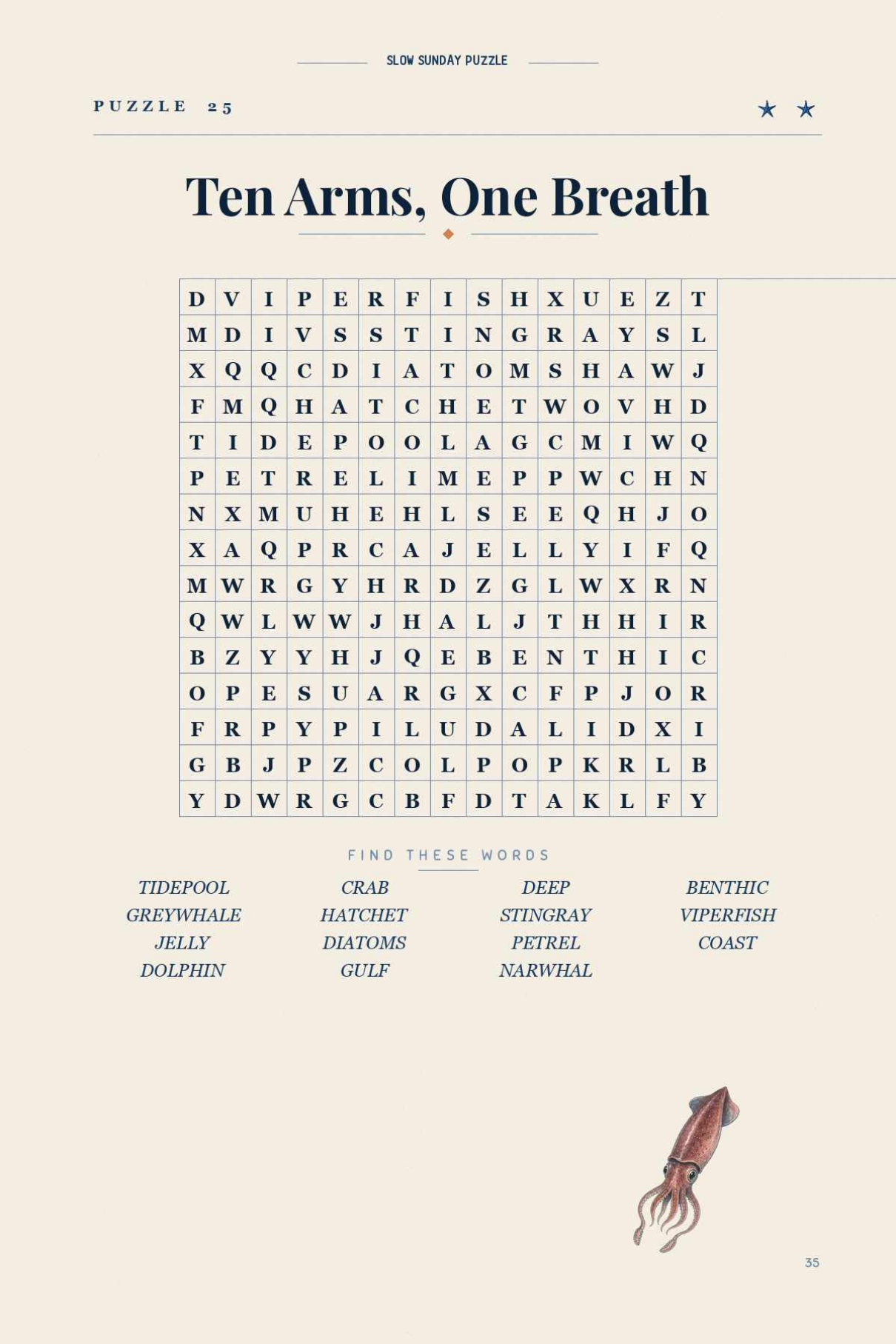 Inside Ocean Word Search — a medium puzzle, 'Ten Arms, One Breath'